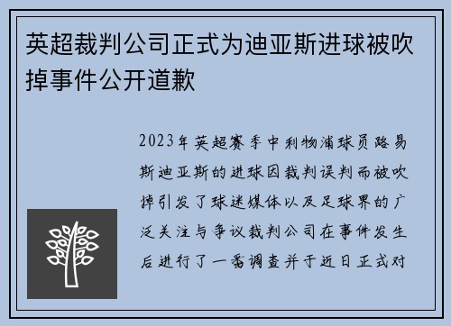 英超裁判公司正式为迪亚斯进球被吹掉事件公开道歉 英超裁判公司正式为迪亚斯进球被吹掉事件公开道歉