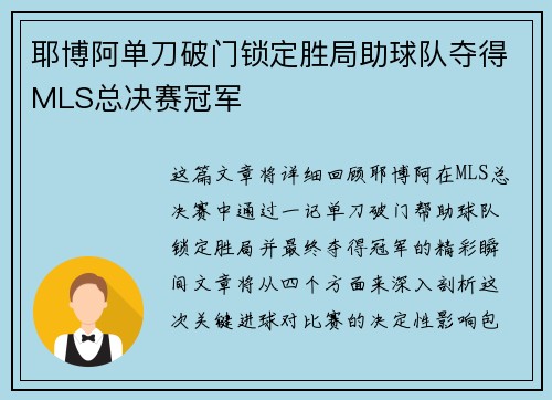 耶博阿单刀破门锁定胜局助球队夺得MLS总决赛冠军